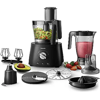 این تصویر یک مجموعه ابزار آشپزخانه چندکاره از برند Philips را نشان می‌دهد. این مجموعه شامل یک غذاساز قدرتمند، همزن، آب‌میوه‌گیر و سایر لوازم جانبی است که می‌تواند برای آماده‌سازی انواع غذاها و نوشیدنی‌های لذیذ مورد استفاده قرار گیرد.