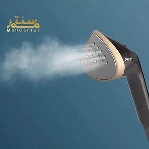 یک بخارگر دستی فیلیپس در حال خروج بخار روی پس‌زمینه آبی.