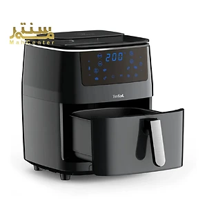 سرخ‌کن هوایی تفال با طراحی مدرن و براق، مجهز به صفحه نمایش لمسی دیجیتال و درب کشویی، در حال نشان دادن دما و زمان پخت، برای تهیه غذاهای سالم با روغن کمتر.