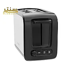 یک توستر مشکی و نقره ای تفال اکسپرس روی یک پس زمینه سفید نشان داده شده است. این توستر دارای دو برش و یک دکمه کنترل در جلو است. - دوم