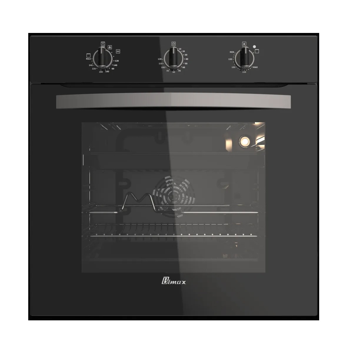 این تصویر یک نمای نزدیک از یک فر توکار برقی مشکی رنگ را نشان می دهد که توسط شرکت "Bimax" تولید شده است.