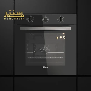 یک فر توکار بیمکس مدل MF 0030 مشکی رنگ با نمای شیشه ای و سه دکمه چرخشی در بالای آن، در یک پس زمینه مشکی نشان داده شده است