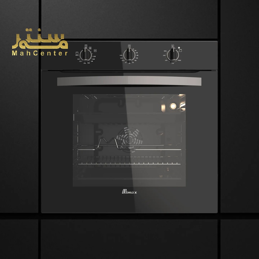 یک فر توکار بیمکس مدل MF 0030 مشکی رنگ با نمای شیشه ای و سه دکمه چرخشی در بالای آن، در یک پس زمینه مشکی نشان داده شده است