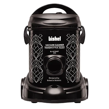 ک جاروبرقی مشکی Bishel با الگوی سفید در پس زمینه سفید نشان داده شده است. این جاروبرقی دارای یک دسته، یک شلنگ و یک نازل است