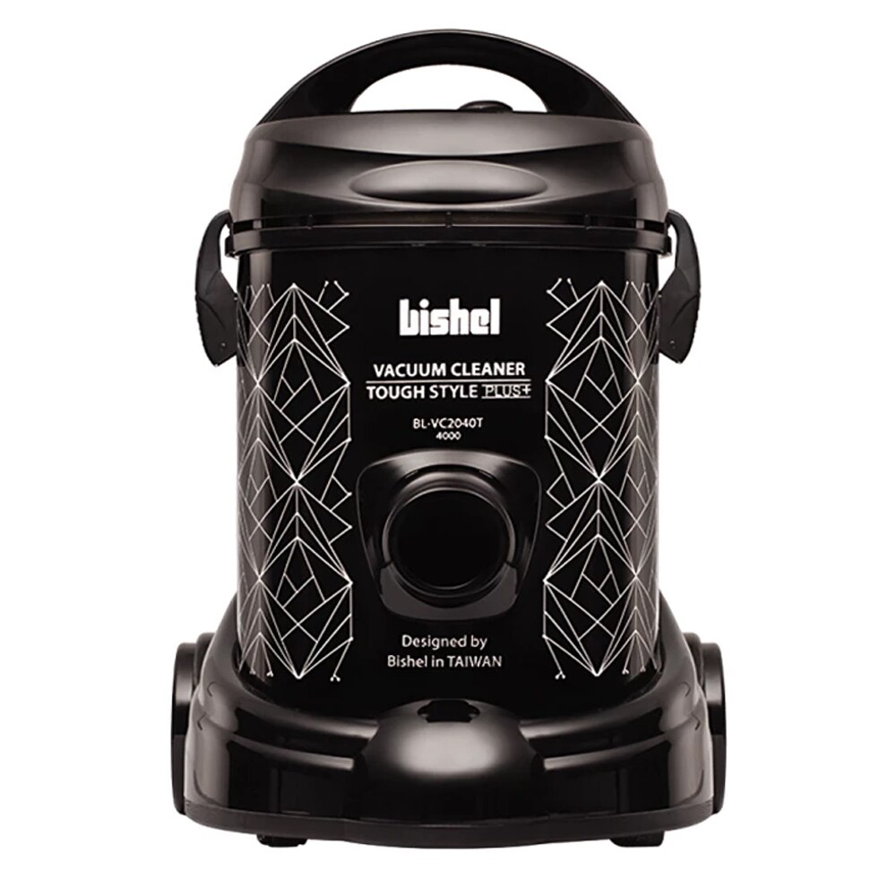 ک جاروبرقی مشکی Bishel با الگوی سفید در پس زمینه سفید نشان داده شده است. این جاروبرقی دارای یک دسته، یک شلنگ و یک نازل است