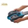 نمای نزدیک از یک جاروبرقی دستی مشکی و آبی با یک برس شکاف داخلی.