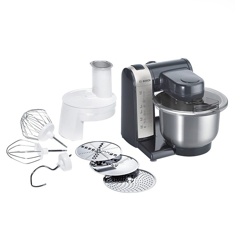 یک دستگاه غذاساز بوش با کاسه مخلوط کن و لوازم جانبی مختلف روی یک سطح سفید.