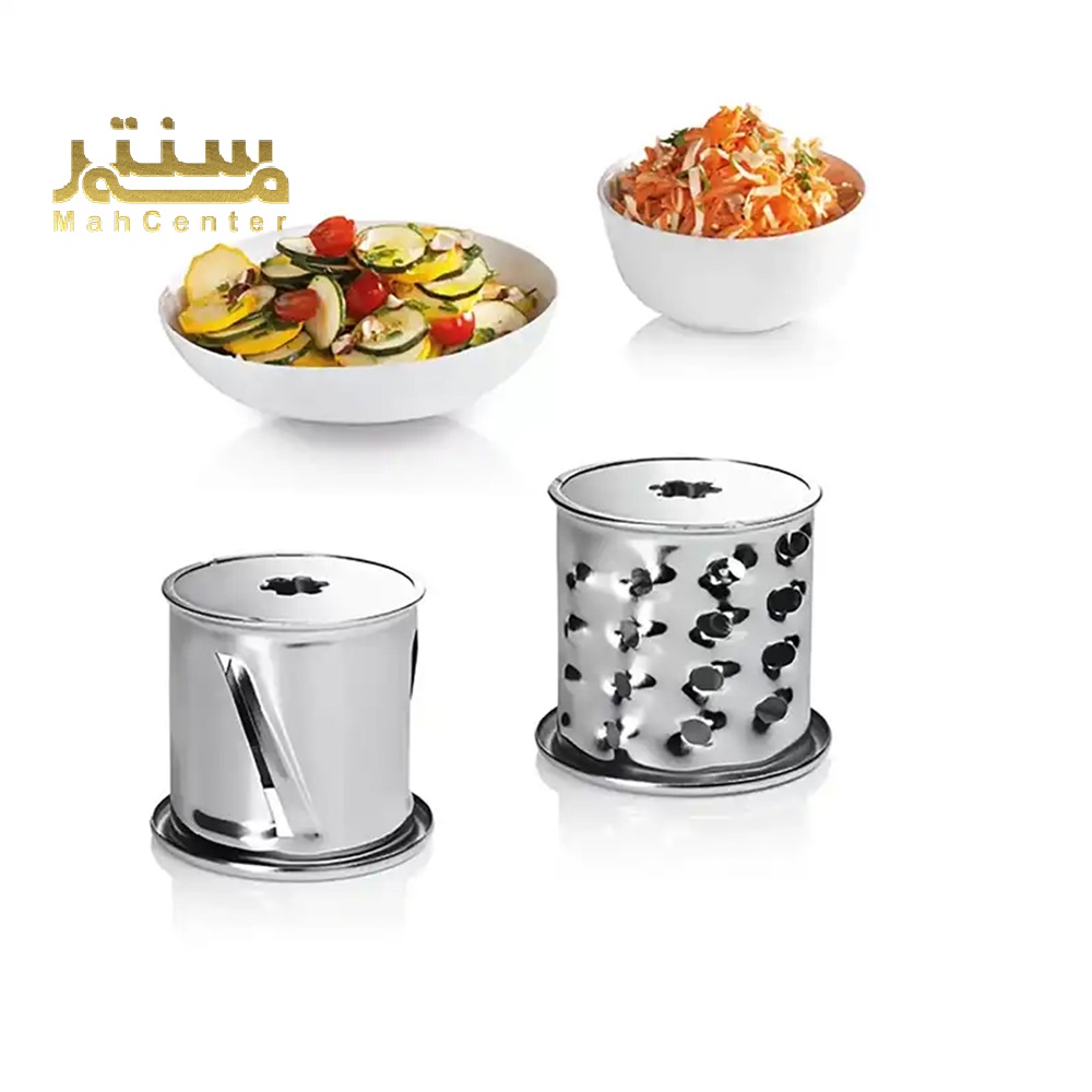 این تصویر دو کاسه حاوی غذا را نمایش می‌دهد که در بالای دو قطعه فلزی استوانه‌ای قرار گرفته‌اند. به نظر می‌رسد که این قطعات، رنده‌های دستگاه غذاساز یا خردکن باشند.