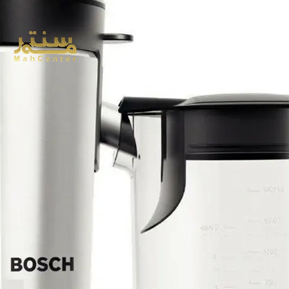 یک نمای نزدیک از قطعات مختلف آبمیوه گیری بوش مدل MES4010 در یک پس زمینه سفید نشان داده شده است