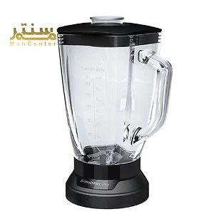 یک مخلوط کن بوش با نام تجاری Mah Center با یک پارچ شیشه ای و پایه مشکی.