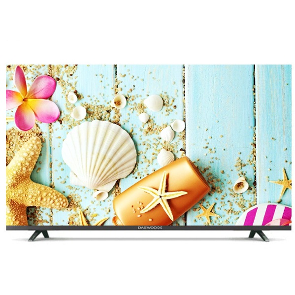 تصویر یک تلویزیون با نمایشگر بزرگ که تصویر رنگارنگی از ساحل، از جمله صدف‌ها، ستاره‌های دریایی و گل‌های زینتی را به نمایش می‌گذارد.