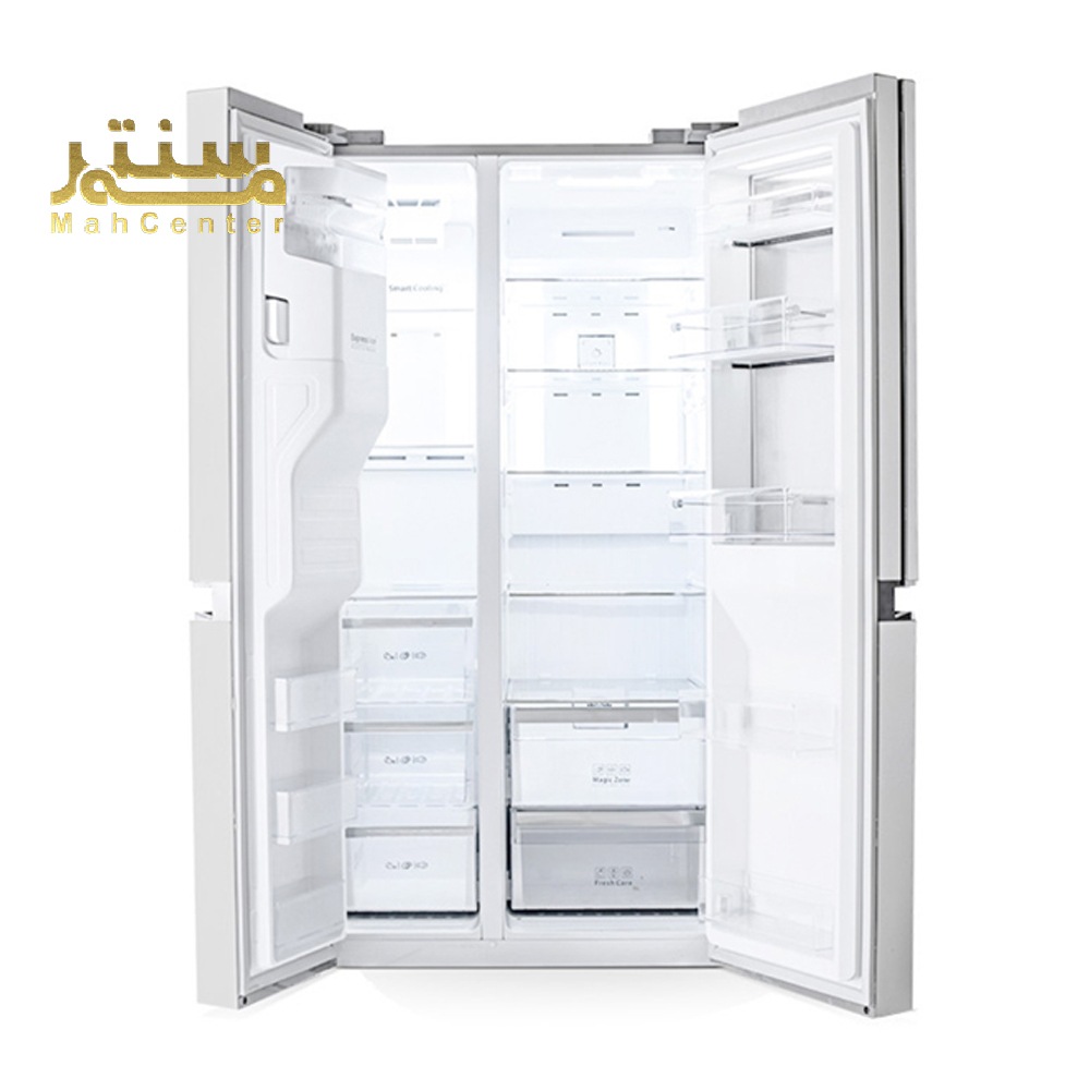 این دستگاه یک یخچال ساید بای ساید است که دارای دو درب است که در کنار هم قرار دارند.