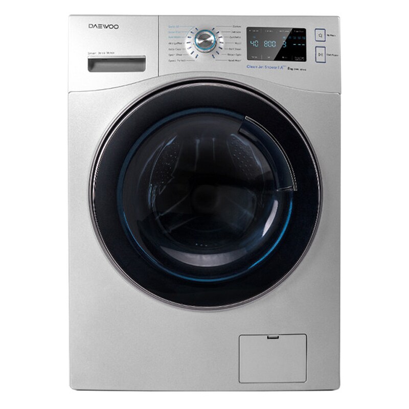 تصویر یک ماشین لباسشویی الکترونیکی با طراحی نقره‌ای و درب شیشه‌ای بزرگ، همراه با پنل کنترل دیجیتال و گزینه‌های مختلف برای شستشو و خشک کردن.