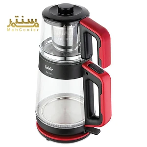 یک چای ساز فکر مدل Bestea با رنگ مشکی و نقره ای در یک پس زمینه سفید قرار دارد. این دستگاه شامل یک کتری برقی با بدنه شیشه ای و یک قوری چای ساز با صافی استیل است.