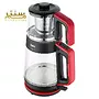 یک چای ساز فکر مدل Bestea با رنگ مشکی و نقره ای در یک پس زمینه سفید قرار دارد. این دستگاه شامل یک کتری برقی با بدنه شیشه ای و یک قوری چای ساز با صافی استیل است.