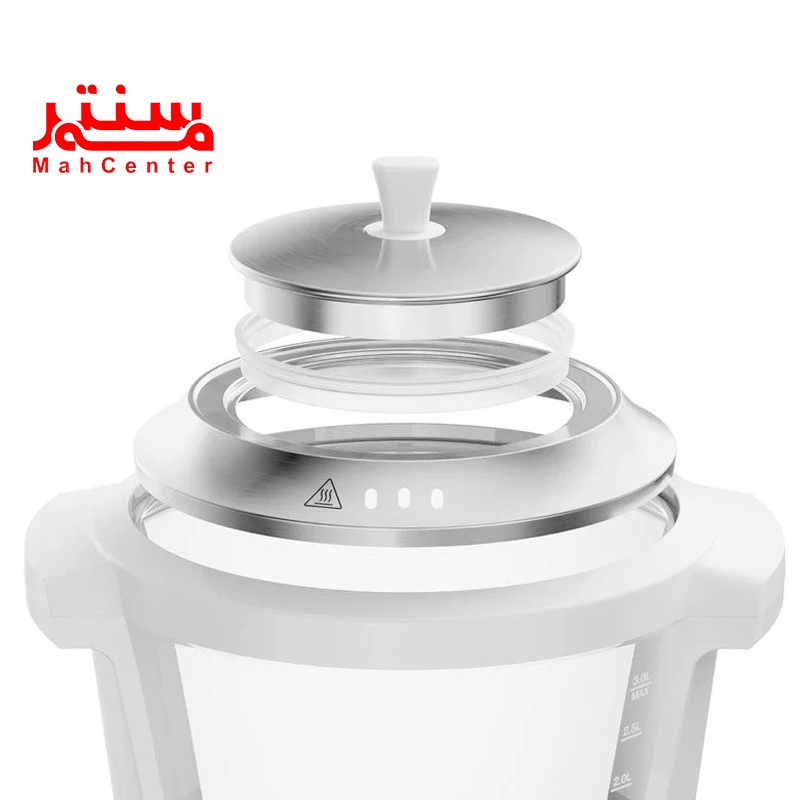 درپوش شفاف یک ظرف نگهداری با درب استیل و نشانگر بخار، در زمینه سفید.