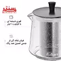 قوری شیشه‌ای با ظرفیت ۱ لیتر و فیلتر تفاله‌گیر از جنس استیل ضدزنگ با درب فلزی و دستگیره مشکی.