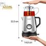 یک چای ساز Feller TS190 با ابعاد و ظرفیت آن نشان داده شده است. چای ساز دارای یک قوری شیشه ای، یک صفحه گرم کننده و یک دسته است.
