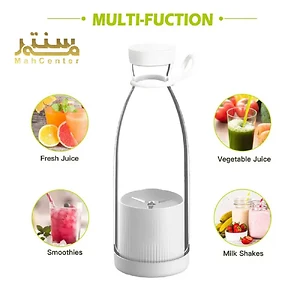 یک بطری مخلوط کن قابل حمل Frixen Electric در پس زمینه سفید نشان داده شده است که چهار تصویر کوچک در اطراف آن قرار دارد که نشان می دهد چگونه می توان از آن برای تهیه آب میوه، آب سبزیجات، اسموتی و میلک شیک استفاده کرد.