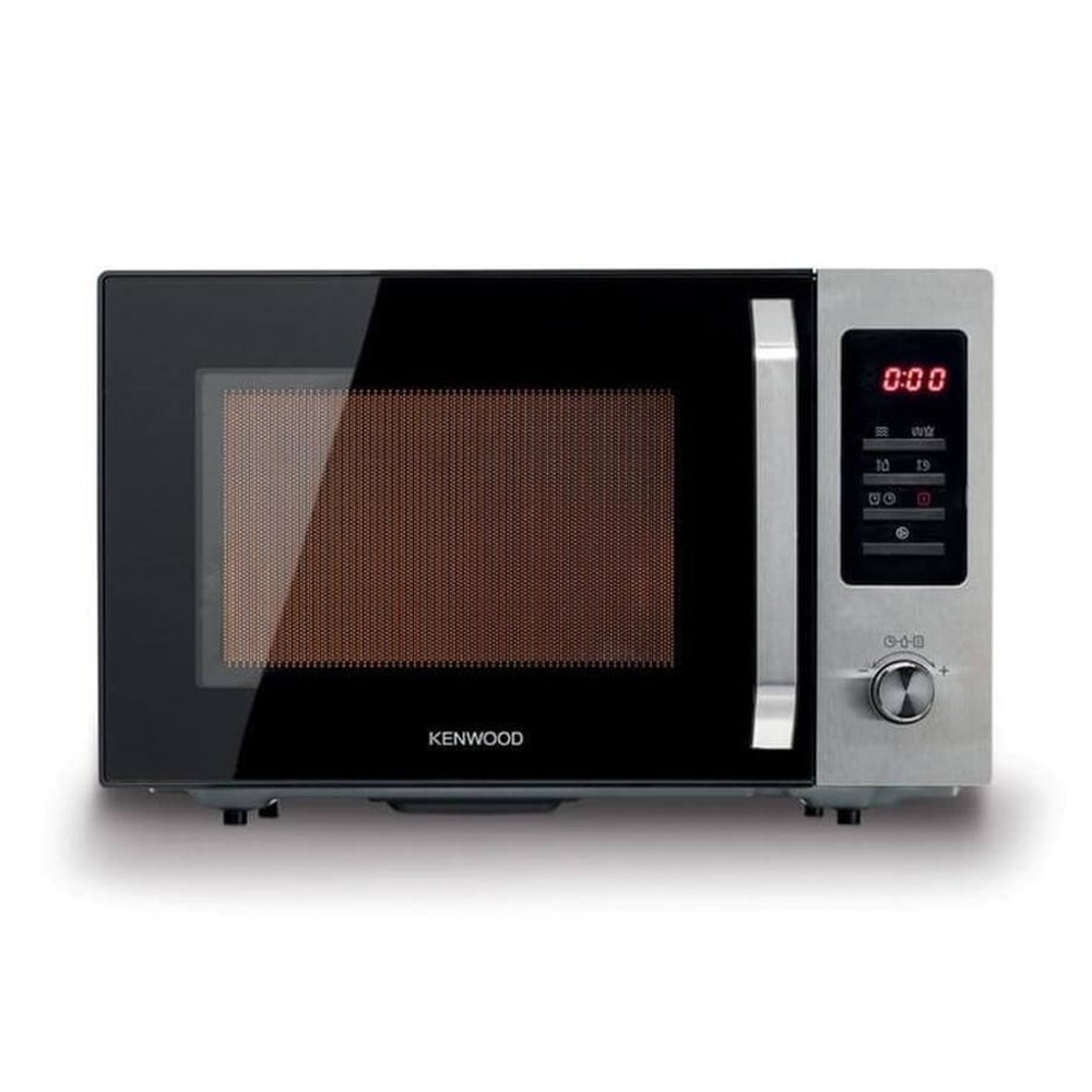 یک اجاق مایکروویو کنوود نقره ای با یک درب شیشه ای مشکی و صفحه کنترل.