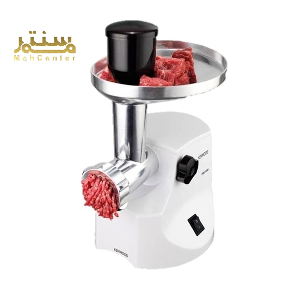 در قسمت بالای دستگاه، یک سینی فلزی بزرگ برای قرار دادن گوشت و یک قطعه پلاستیکی مشکی رنگ برای فشار دادن گوشت به داخل دستگاه دیده می شود