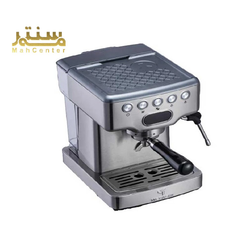 تصویر یک دستگاه اسپرسو ساز استیل با طراحی مدرن و دکمه‌های کنترل ساده، مناسب برای تهیه قهوه تازه و خوش‌طعم در منزل.