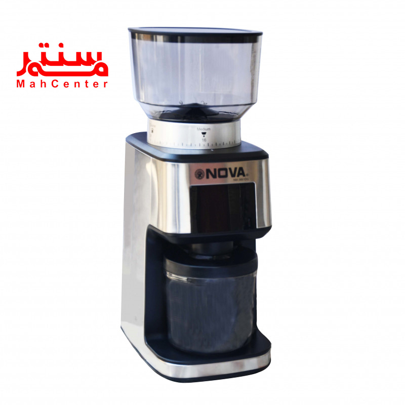 آسیاب نوا مدل 3661dg با بدنه استیل که روی آن مخزن دانه قهوه است