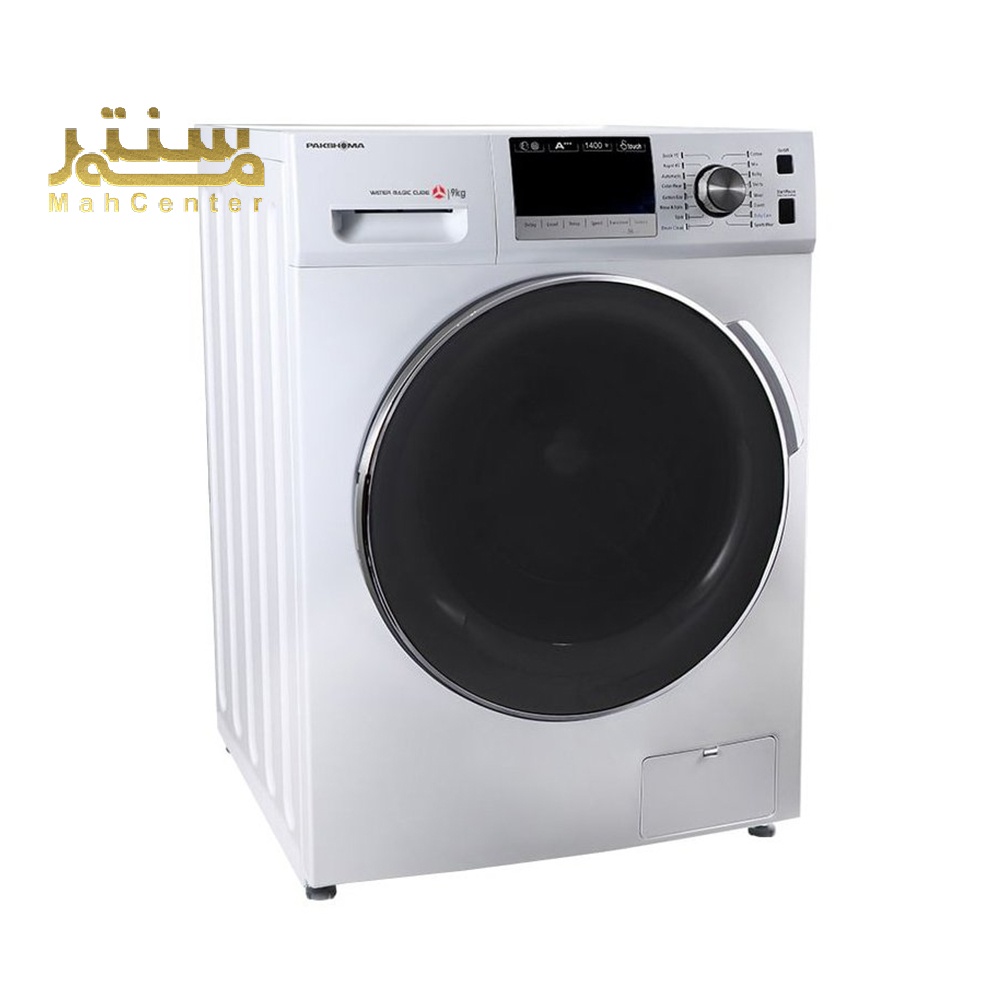 ماشین لباسشویی دارای یک صفحه نمایش LED بزرگ، یک دکمه چرخان برای انتخاب برنامه های شستشو و یک محفظه مواد شوینده کشویی است.