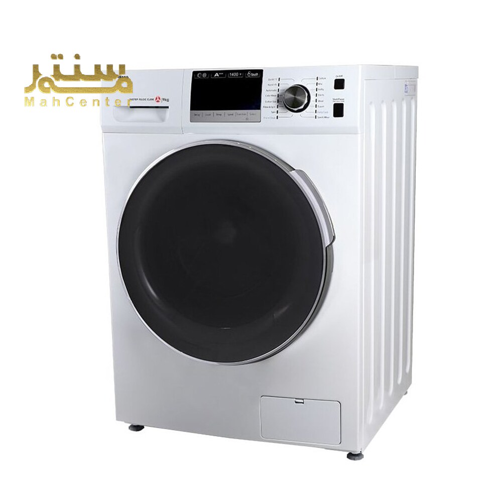 ماشین لباسشویی دارای یک صفحه نمایش LED بزرگ، یک دکمه چرخان برای انتخاب برنامه های شستشو و یک محفظه مواد شوینده کشویی است