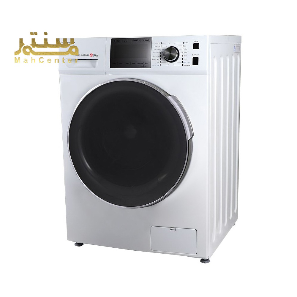 یک نمای نزدیک از یک ماشین لباسشویی پاکشوما با یک درب باز و یک صفحه کنترل.