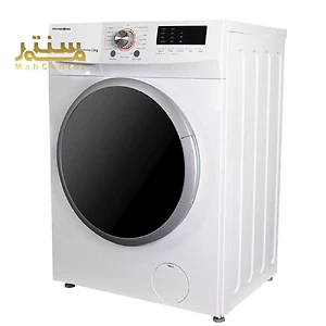 ماشین لباسشویی دارای یک صفحه نمایش LED بزرگ، یک دکمه چرخان برای انتخاب برنامه های شستشو و یک محفظه مواد شوینده کشویی است.