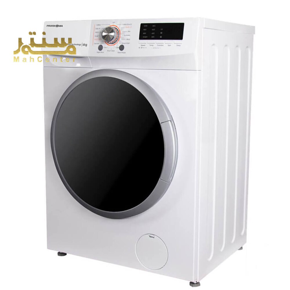 ماشین لباسشویی دارای یک صفحه نمایش LED بزرگ، یک دکمه چرخان برای انتخاب برنامه های شستشو و یک محفظه مواد شوینده کشویی است.