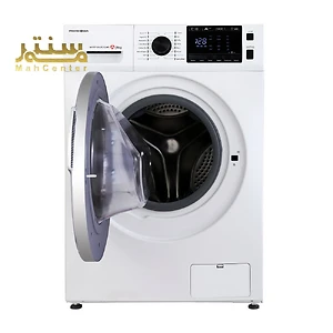 یک ماشین لباسشویی سفید پاکشوما با درب باز نشان داده شده است.