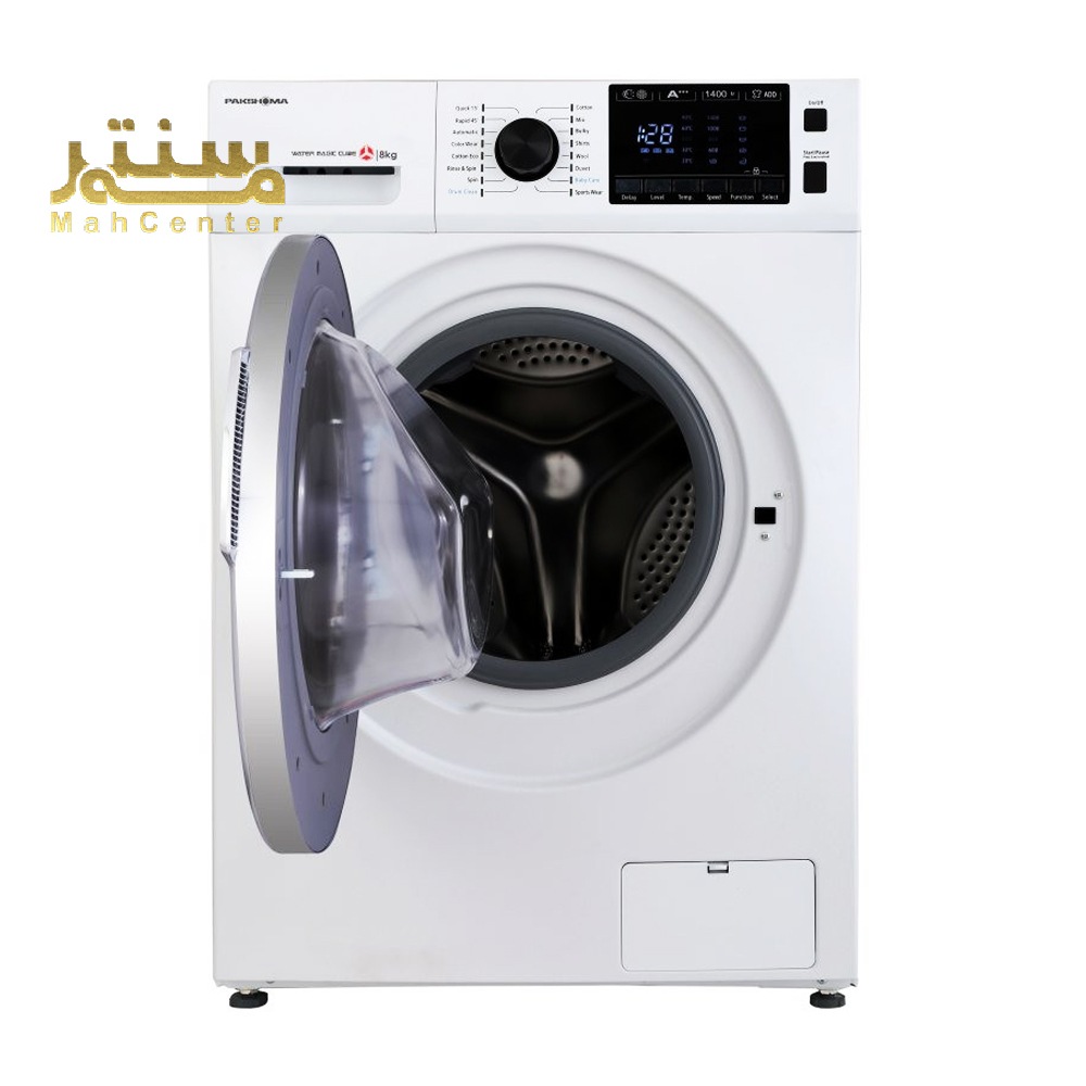 یک ماشین لباسشویی سفید پاکشوما با درب باز نشان داده شده است.