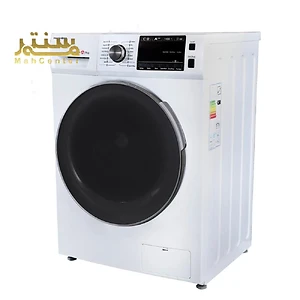 ماشین لباسشویی سفید پاکشوما با درب جلو و صفحه نمایش دیجیتال نشان داده شده است.