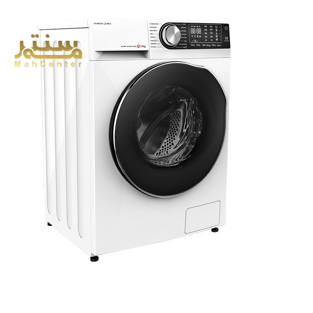 یک ماشین لباسشویی پاکشوما سفید رنگ با درب مشکی و پنل کنترل دیجیتال در یک پس زمینه سفید قرار دارد.