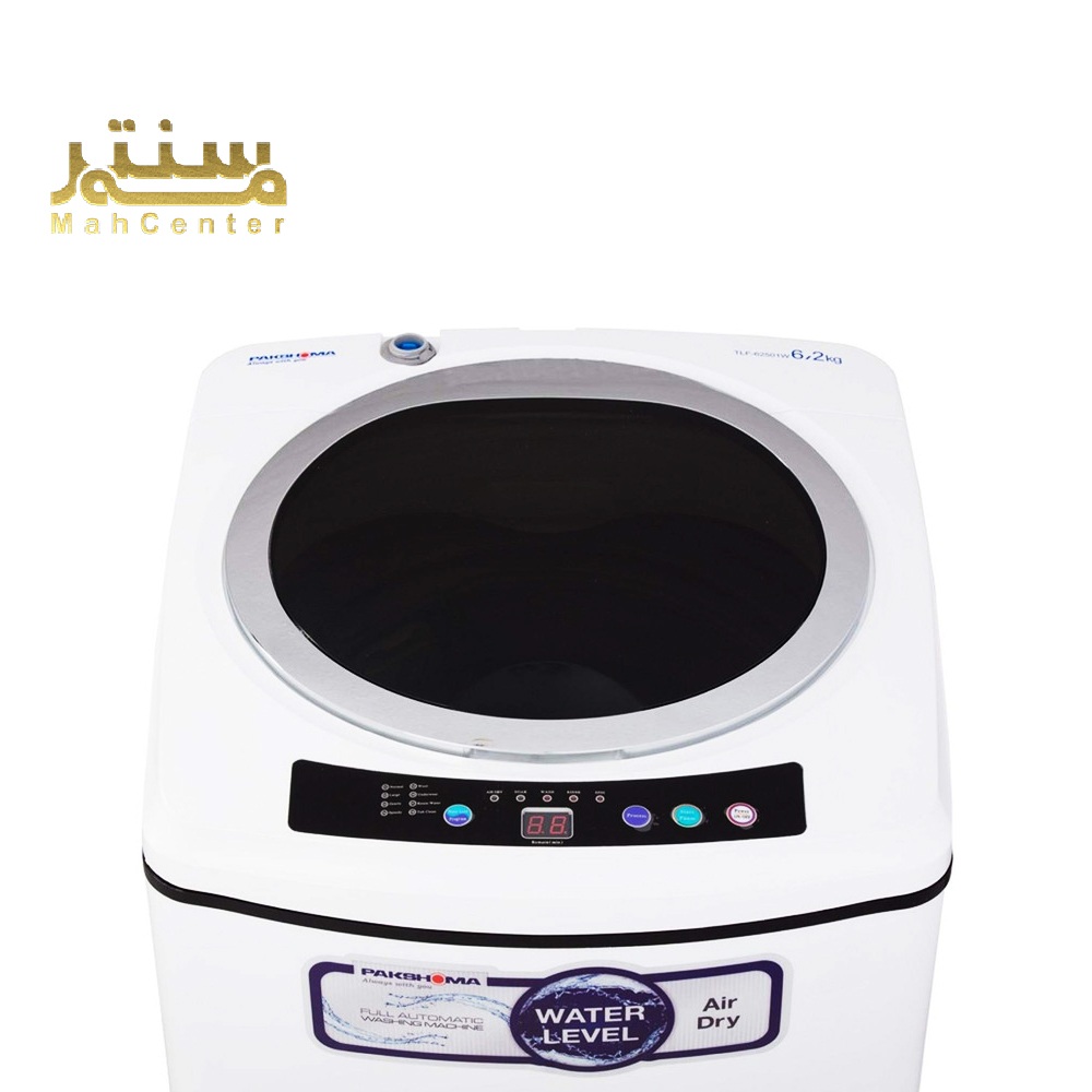 تصویر یک ماشین لباسشویی اتوماتیک با درب گرد و طراحی مدرن، دارای صفحه نمایش دیجیتال و گزینه‌های مختلف برای کنترل سطح آب و خشک کردن هوا.