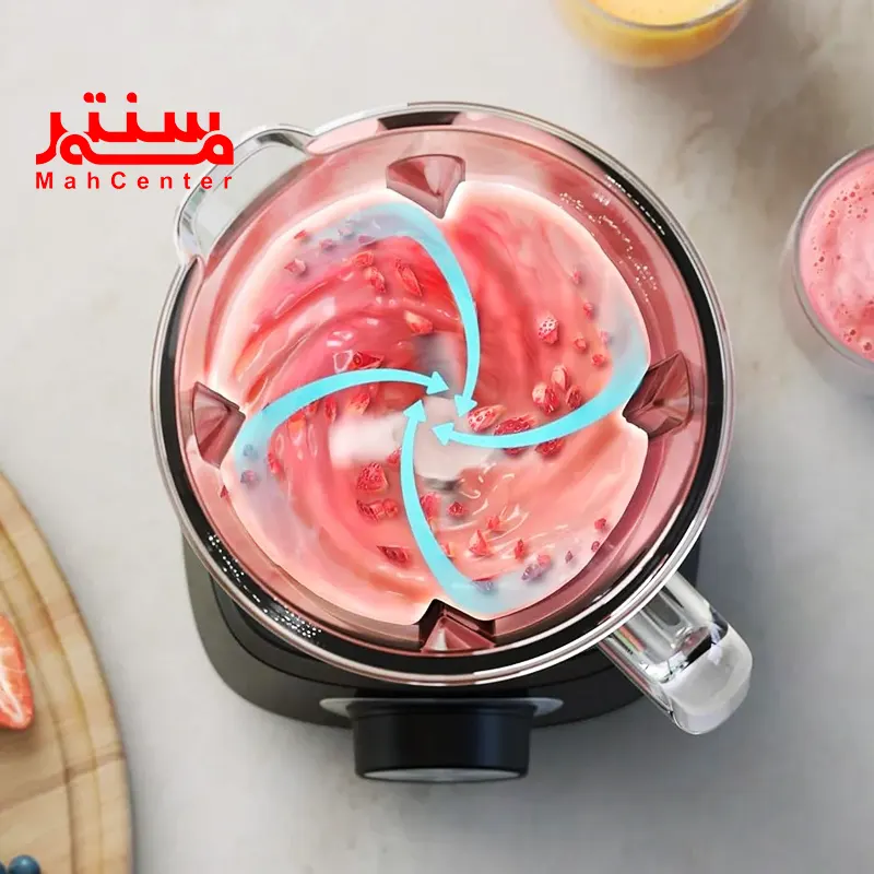 از بالا داخل پارچ فیلیپس 3033 مشخص است، در آن باز است و اسموتی صورتی رنگ در حال میکس شدن است.