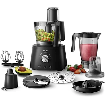 این تصویر یک مجموعه ابزار آشپزخانه چندکاره از برند Philips را نشان می‌دهد. این مجموعه شامل یک غذاساز قدرتمند، همزن، آب‌میوه‌گیر و سایر لوازم جانبی است که می‌تواند برای آماده‌سازی انواع غذاها و نوشیدنی‌های لذیذ مورد استفاده قرار گیرد.