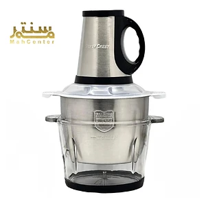 یک پردازنده غذای الکتریکی SilverCrest SC-2021-2 4 در 1 با نام تجاری Mah Center با یک کاسه شیشه ای، تیغه و درب متصل است.