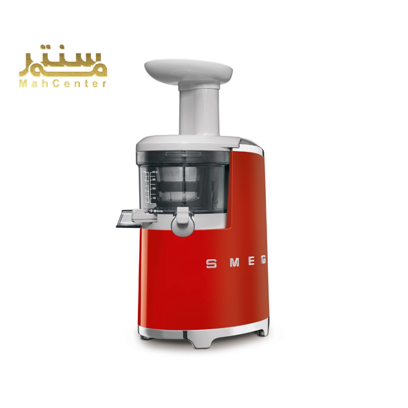 آبمیوه‌گیری قرمز رنگ برند SMEG با طراحی زیبا و مدرن، مناسب برای تهیه آبمیوه‌های تازه و سالم.