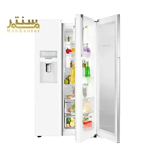یک یخچال سفید دوقلوی Snowa با درب باز و صفحه نمایش لمسی نشان داده شده است.