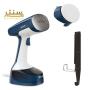 یک اتو بخار Tefal سفید و آبی با یک برس پارچه ای و یک ضمیمه درب نشان داده شده است.