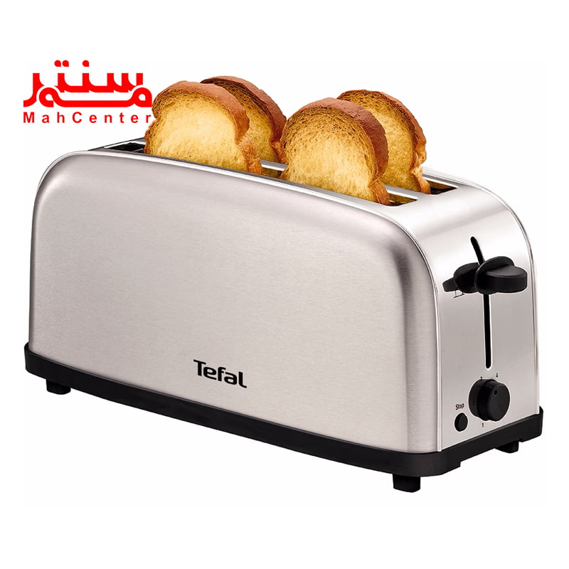 توستر تفال 330 که بدنه استیل دارد و در دو درگاه قرار نان آن، 2 برش نان تست قرار دارد