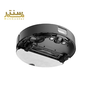 یک جاروبرقی رباتی Dreame از نمای پایین در پس زمینه سفید نشان داده شده است. این جاروبرقی گرد و مشکی است و دارای یک برس چرخان و دو چرخ است