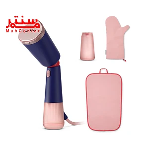 بخارگر دستی فیلیپس مدل sth5030 که اقلام همراه آن که صورتی رنگ است در کنار آن قرار دارد. شامل دستکش و پد