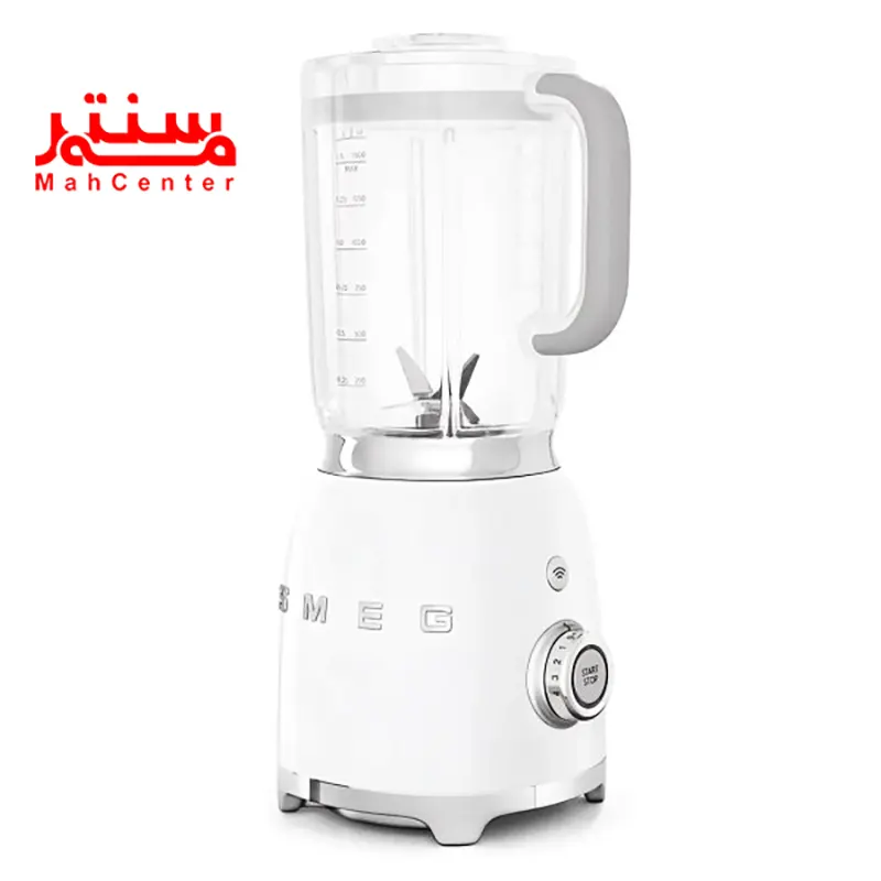 مخلوط کن اسمگ blf03 که رنگ بدنه سفید دارد و کنار آن یک دکمه ولومی نقره ای رنگ طراحی شده.