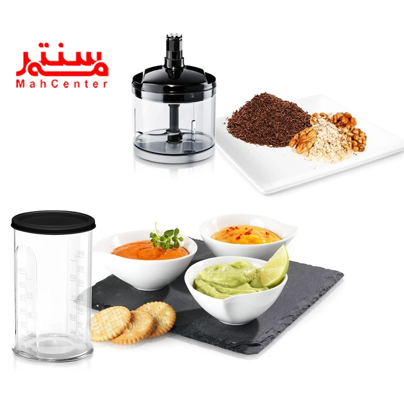 ظرف خردکن و لیوان گوشتکوب برقی بوش مدل ms6cm6120 که در کنار آن دو صفحه قرار دارد و روی آن مواد غذایی