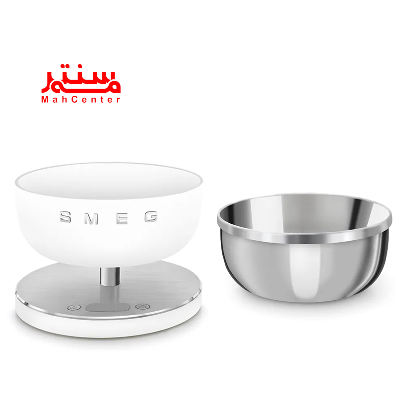ترازوی آشپزخانه اسمگ مدل ksc01 سفید که کاسه استیل آن در سمت راست آن قرار دارد