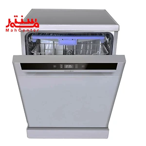 ماشین ظرفشویی پاکشوما 15 نفره مدل e53s که از زاویه رو به رو است و درب آن به صورت 45 درجه رو به پایین باز است.